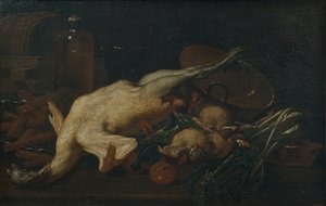 Naturaleza muerta con verduras, pavo, otras aves y obleas de Antoni Viladomat